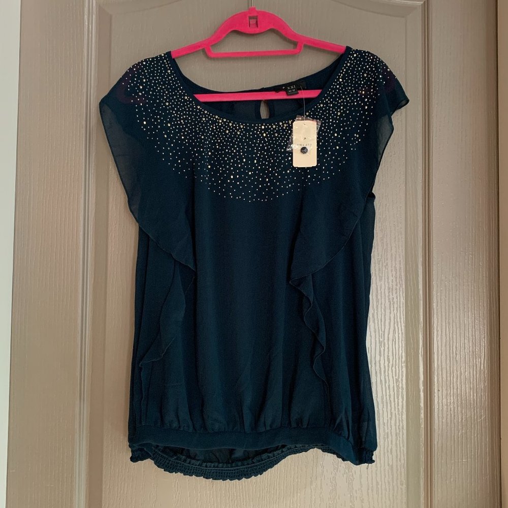 teal short sleeve sheer blouse with embellishment back to school